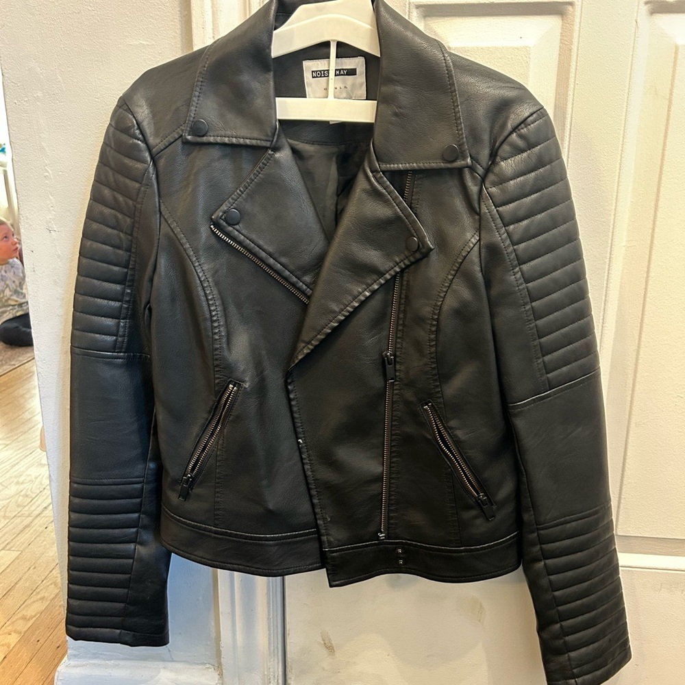 Noisy may Black Leather Jacket with Quilted Sleeves